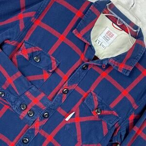 Topo Designs Shirt Mens S Navy Red Windowpane Plaid Flannel Loop Collar Outdoor